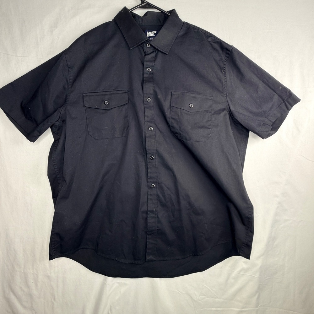 Lands End Button Up Shirt XXL Black Short Sleeve Dual Pocket Utility Casual
